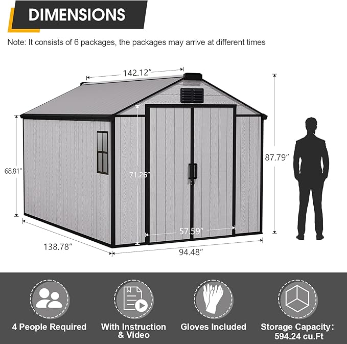 MELLCOM 8 x 12 FT Outdoor Resin Storage Shed with Floor, Garden Storage Shed with Windows and Lockable Door, Resin Tool Shed for Lawnmower, Pool Supply, Bike
