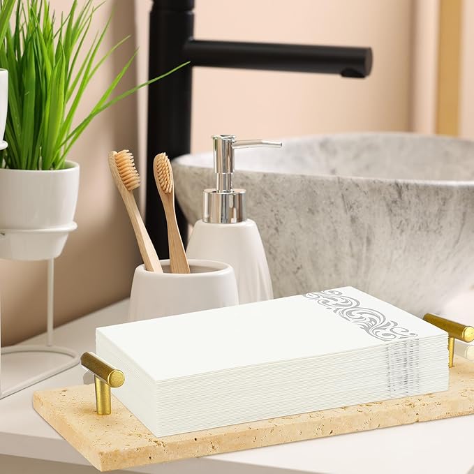 LemonRoad Guest Towel Holder Tray for Bathroom Travertine Napkin Tray 10.6 x 4.5 Inches Bathroom Hand Towel Holder, Stone Tissue Box Organizer with Handles, Decorative Display for Vanity Kitchen