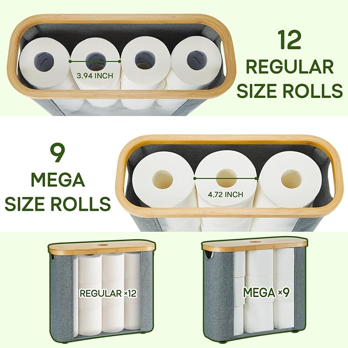 ELONG HOME Sleek Toilet Paper Storage, 30L Grey Fabric Toilet Paper Storage with Bamboo Lid, Durable Lining Storage Basket for TP, Towels, or Bathroom Essentials