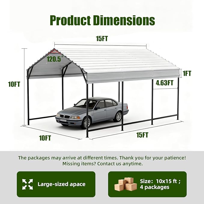 Metal Carport 10x15 ft Heavy Duty Car Port Outdoor Canopy Steel Roof All-Weather Multi-Use Garage Shelter for Car, Boat, Tractor and Truck