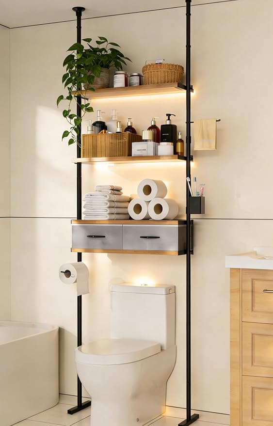 Over The Toilet Storage - 4 Tier Bathroom Organizer Shelf, Freestanding Bathroom Organizer, Sturdy Behind Toilet Rack with Hooks, Space-Saving Design, Fits Most Toilets, Rustic Brown