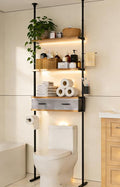 Over The Toilet Storage - 4 Tier Bathroom Organizer Shelf, Freestanding Bathroom Organizer, Sturdy Behind Toilet Rack with Hooks, Space-Saving Design, Fits Most Toilets, Rustic Brown