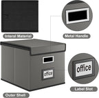 Huolewa Faux Leather File Organizer Box with Lid, Collapsible Hanging File Folder Box Organizer with Plastic Slides, Decorative Home/Office Filing System Boxes for File and Folders Storage