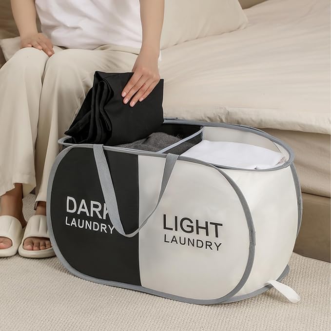 Collapsible Laundry Basket Durable Pop Up Hamper with 2 Compartments for Sort and Storage, Portable Dirty Clothes Hamper for Dorm, Laundry Room or Travel (Black + Begie)