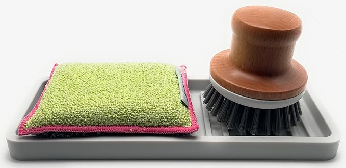 Happitasa Silicone Kitchen Sink Organizer Tray, Sponge Holder and Countertop Protector | Bathroom and Kitchen Soap Dish and Dispenser Tray (Light Grey, 9"x3.5", 5.6 Ounces)