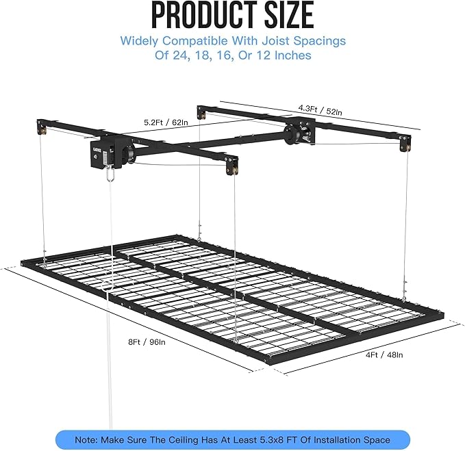Overhead Garage Storage Rack Lift, 4x8 ft Ceiling Mounted Storage Racks, 12FT Max Adjustable Height, 800lbs Weight Capacity, Heavy-Duty Metal Ceiling Rack for Organization