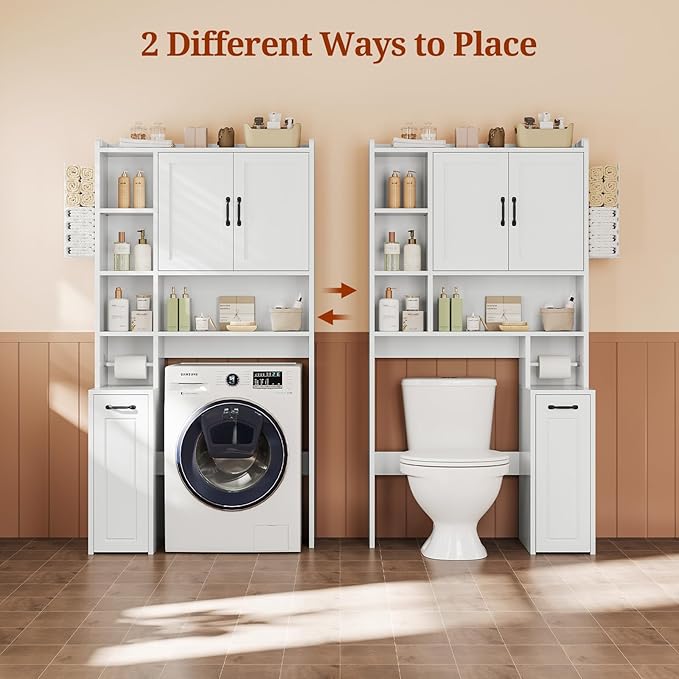 Over The Toilet Storage Cabinet with Pulley Small Bathroom Storage, Space Saver W/Adjustable Shelf & Rack for Bathroom, Restroom, Laundry (White-Type B)