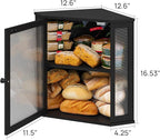 Corner Bread Box for Kitchen Counter, Bamboo Wood Large Capacity Bread Storage Bin with Acrylic Wavy Door Panel (Black, Extra Large)