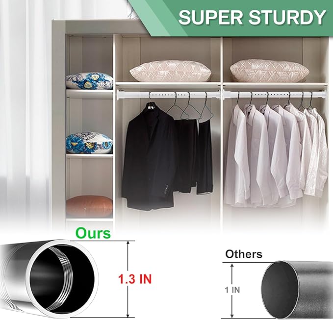 Closet Rods for Hanging Clothes, 1.3 Inch Diameter Heavy Duty Closet Rod 17-75 Inch Adjustable Clothes Hanging Bar Matte White Shower Curtain Rods for Closet, Wardrobes, Bathroom, Windows