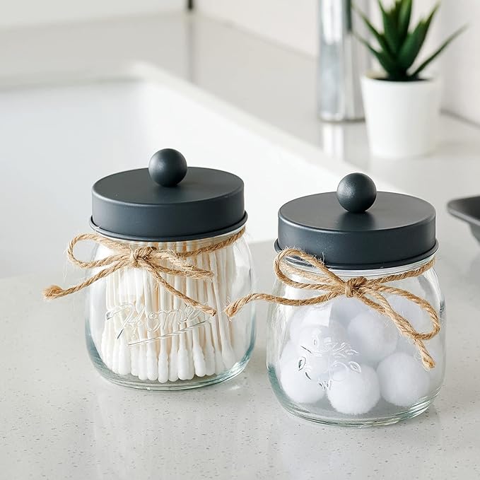 SheeChung 2 Pack Qtip Holder, Bathroom Jars, Cotton Swab Holders, Cute Mason Jars Bathroom Shelf Decor for Cotton Balls, Floss Picks - Vintage Gray