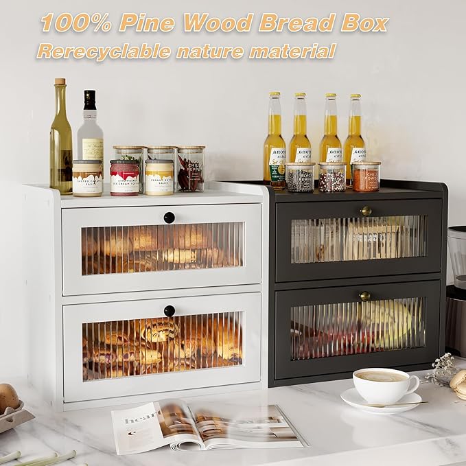 Double Layer Large Bread Box for Kitchen Counter, Wooden Corner Bread Storage Container with Acrylic Window, Black