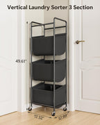 Moforoco Vertical Laundry Sorter 3 Section with Removable Bag, Laundry Hamper with Wheels, 120 L Rolling Laundry Baskets organizer for Bathroom, Apartment, Dorm Room, Black
