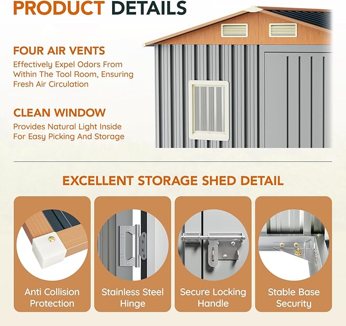 6x4FT Multi-Used Shed & Outdoor Storage,Steel Tool Shed with Frame Floor,Lockable Doors,Window,Vent,Compact Metal Tool Garden Shed for Garden, Backyard, Patio, Lawn and Various Storage(Matte Gray)