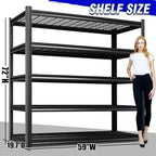 2Pack 59" W Heavy Duty 5-Tier Garage Shelving Unit,2500 lbs Capacity Adjustable Metal Storage Rack, Boltless Steel Shelves for Garage, Basement, Warehouse, Pantry & Kitchen 72"x59"x20",Black