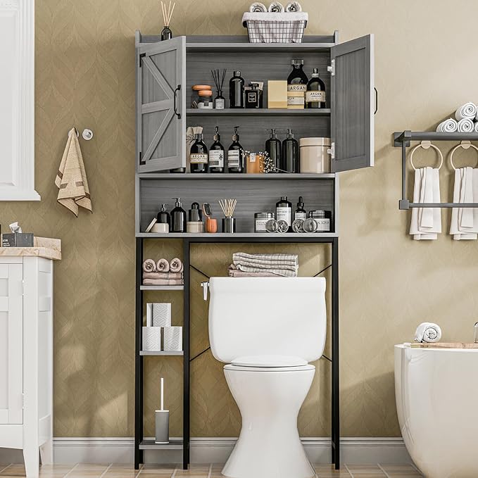 Vabches Over The Toilet Storage Cabinet, Farmhouse Storage Cabinet Over Toilet with Barn Doors & Toilet Paper Holder Stand，Home Space-Saving Toilet Rack, for Restroom/Laundry and Bathroom