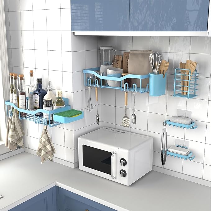 Shower Caddy Adhesive Shower Organizer 7-Pack, Rustproof Stainless Steel Bathroom Shelves, Large Capacity No-Drill Rack Storage Accessories with Soap Dish Toothbrush Holder Hooks