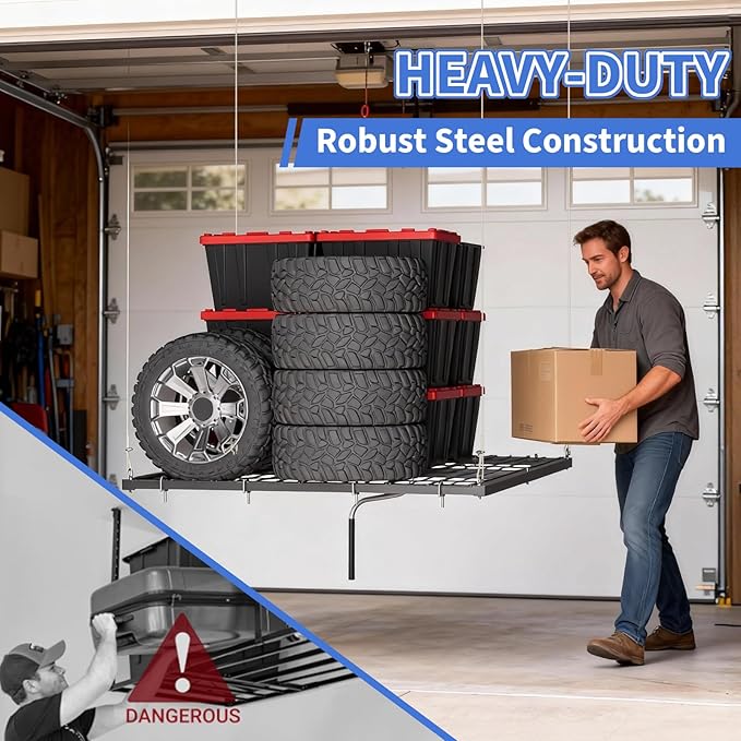 Ceiling Storage Rack, Overhead Garage Lifting Storage Rack, 4x4 ft Carbon Steel, Manual Hand Crank Only, Adjustable Height, 350 lbs Capacity for Garages, Basements, Workshops