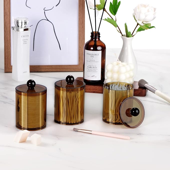 SheeChung 2 Pack Acrylic Qtip Holder,Amber Canister Apothecary Jars with Lids,10oz Qtip Dispenser Bathroom Set,Clear Plastic Vanity Storage Canisters for Cotton Swabs,Balls,Pads