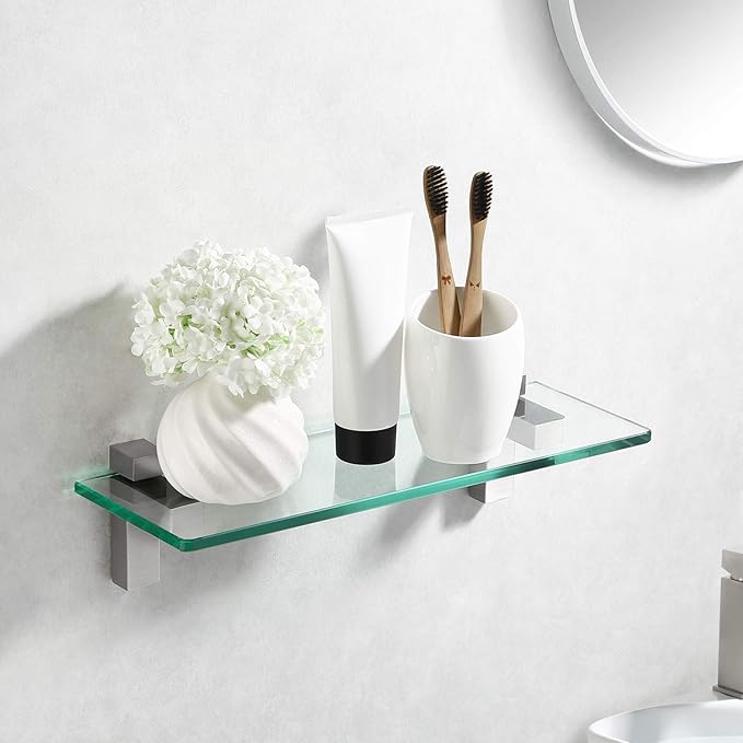 KES Bathroom Shelf, Tempered Glass Shelf 14 Inch 8MM-Thick Wall Mount Rectangular, Brushed Nickel Bracket, BGS3201S35-2