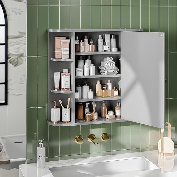Meilocar Bathroom Mirror Cabinet Wall Mounted, Medicine Cabinet with Mirror and 6 Open Shelves, Modern Bathroom Wall Cabinets Medicine Cabinets, Grey