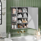 Meilocar Bathroom Mirror Cabinet Wall Mounted, Medicine Cabinet with Mirror and 6 Open Shelves, Modern Bathroom Wall Cabinets Medicine Cabinets, Grey