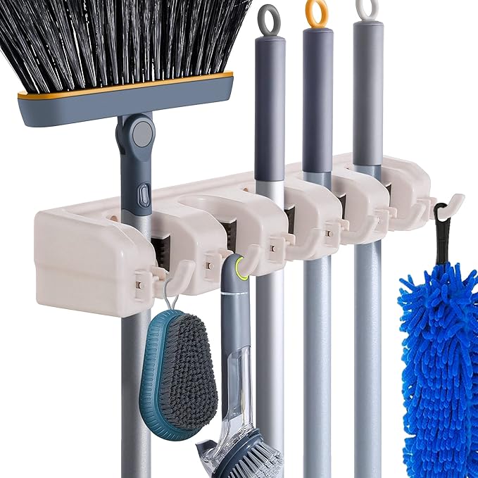 Broom Hanger Wall Mount Broom and Mop Organizer Wall Hanging Garden Tool Organizers Rack Garage Laundry Room Organizations and Storage with Hooks Heavy Duty
