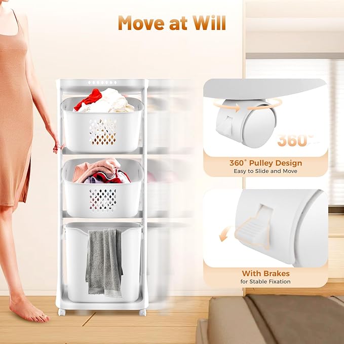 Laundry Basket Holder, 3-Tier Laundry Hamper Sorter with Wheels, Rolling Laundry Hamper Cart for Kitchens, Bathrooms, Bedrooms