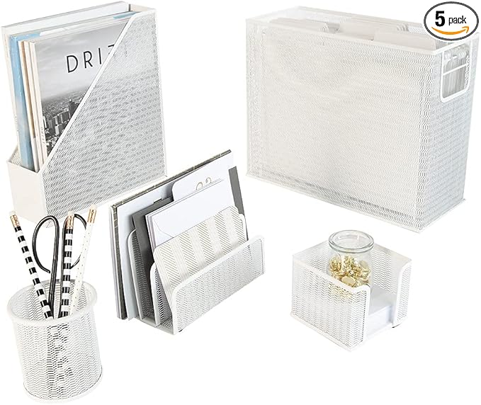 BLU MONACO | White Desk Organizer Set | 5 Piece Metal Office Desk Organizer with Hanging File Holder, Magazine Organizer, Pen Cup, Sticky Note Holder, Mail Sorter | Desk Organizers and Accessories
