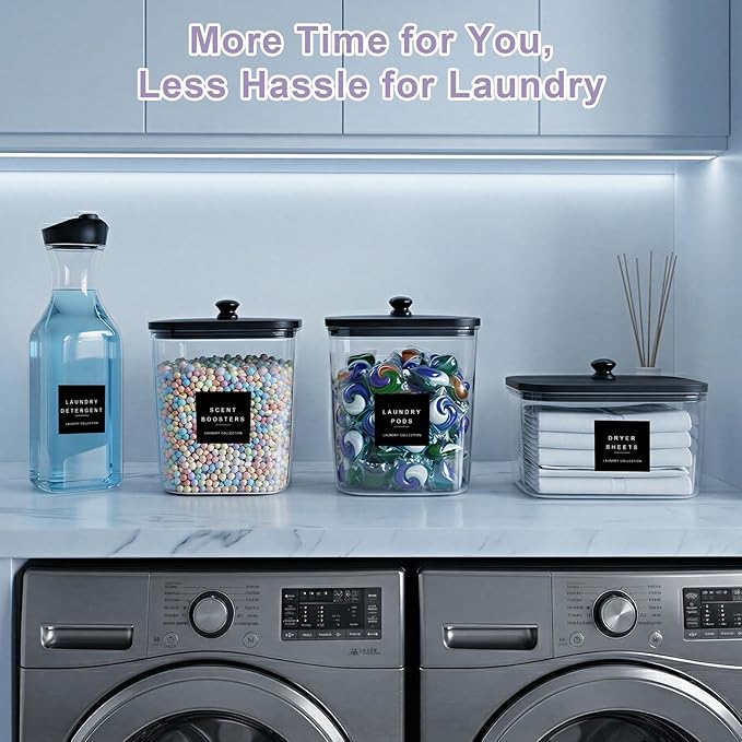 Laundry Pod Containers and Dryer Sheet Holder and Laundry Detergent Dispenser Clear Laundry Room Organization and Storage with Wooden Lids Labels and spoon （2+1+1 Pack）