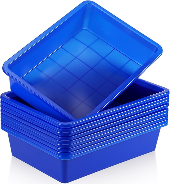 Hoteam 10 Pcs Flat Storage Organizer Tray Bin Letter Size Paper Tray for Classroom Plastic Stackable File Organizer for School Office Teacher Book Organization（ Blue, 13.78 x 9.84 x 3.15 Inch）