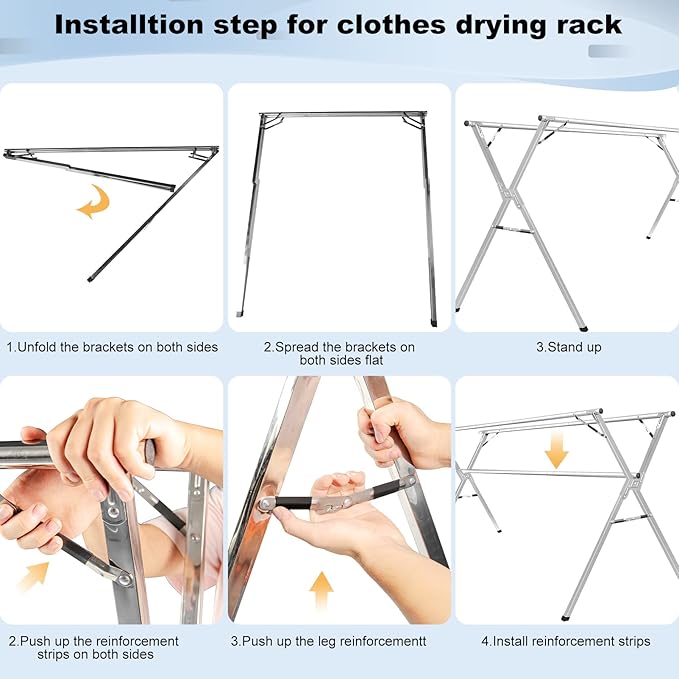 Sarahipe Sillars Clothes Drying Rack, 79 inches Laundry Drying Rack Clothing Foldable & Collapsible Stainless Steel Heavy Duty Clothing Drying Rack with Windproof Hooks for Indoor Outdoor