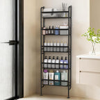 NECHEGE Slim Shelf Behind Door Storage Rack, 5-Tier Multi-Purpose Space-Saving Organizer for Bathroom, Kitchen, Living Room-Sturdy Metal Bookshelf for Narrow Spaces