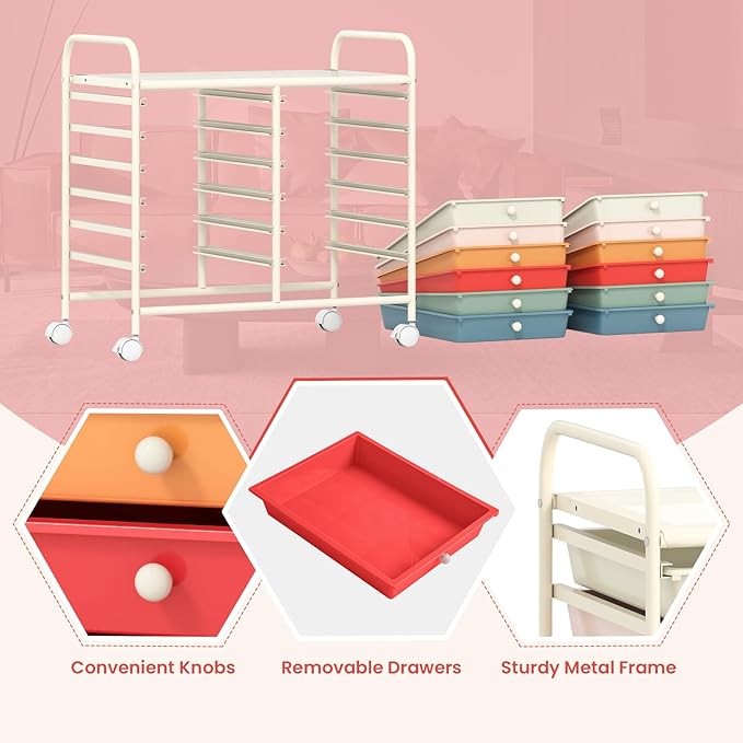 GOFLAME 12-Drawer Rolling Storage Cart, Multifunctional Art Craft Organizer Cart, Mobile Utility Storage Cart with Removable Drawers & Lockable Wheels, Craft Cart for Home Office School, Macaron Color