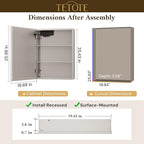 TETOTE 20 x 26 Lighted Medicine Cabinet with Mirror with Adjustable Shelves, Silver Aluminum Cabinet, Anti-Fog Stepless Dimmable 3 Colors White/Warm/Natural, Easy to Install(Wall Mount/Recessed)