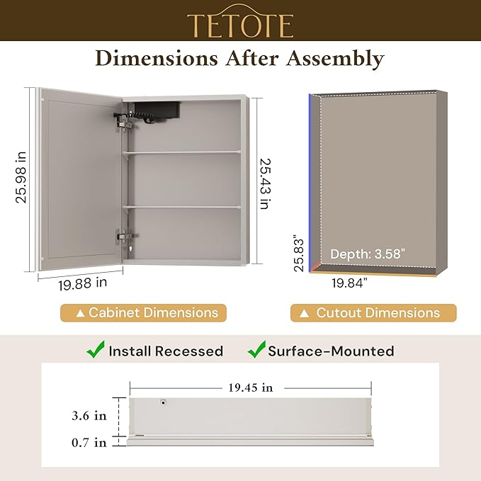 TETOTE 20 x 26 Lighted Medicine Cabinet with Mirror with Adjustable Shelves, Silver Aluminum Cabinet, Anti-Fog Stepless Dimmable 3 Colors White/Warm/Natural, Easy to Install(Wall Mount/Recessed)