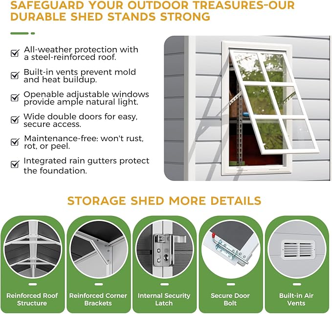 10x12 FT Large Resin Plastic Shed with Floor, Heavy-Duty 21-Gauge Reinforced Steel Frame, 16mm Ultra-Thick Panels, Estate-Size Storage Sheds with 2 Awning Windows for Tractors & Patio Furniture