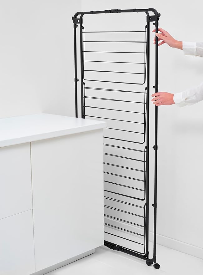 Brabantia HangOn Tower Clothes Drying Rack with Wheels | 98ft (30m) | Matt Black | Tall 3-Tier Indoor Clothes Airer with Adjustable Shelves for Towels, Folds Flat to Save Space | Fits 3 Full Loads