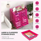 COSTWAY 20-Drawer Rolling Storage Cart, Utility Storage Organizer Cart for Tools, Scrapbook, Paper, Craft, Multipurpose Storage Trolley on Wheels for Home Office School, Hot Pink