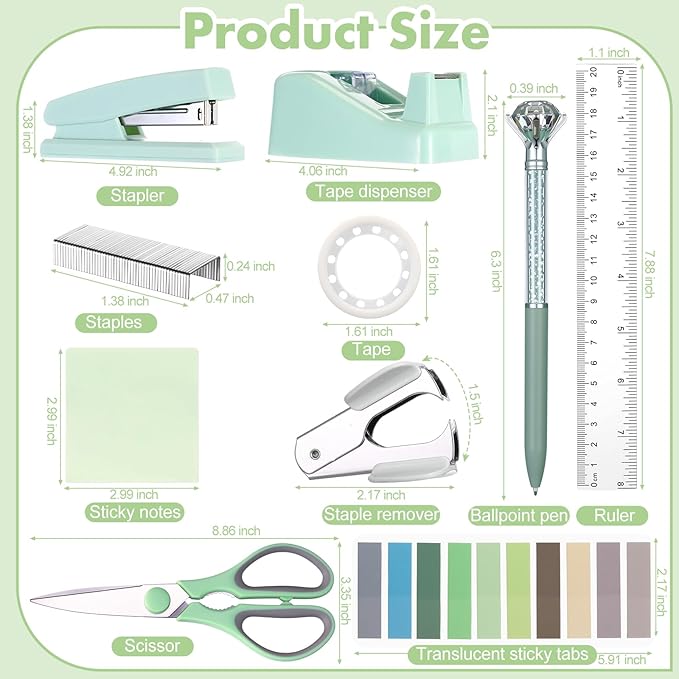 Marspark 12 Pcs Sage Green Office Supplies Desk Accessories Set Pen Holder Tape Dispenser Stapler Staple Remover Staples Tape Ruler Scissor Pen Sticky Note Index Tab Clips Set for Office School Home