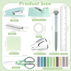 Marspark 12 Pcs Sage Green Office Supplies Desk Accessories Set Pen Holder Tape Dispenser Stapler Staple Remover Staples Tape Ruler Scissor Pen Sticky Note Index Tab Clips Set for Office School Home