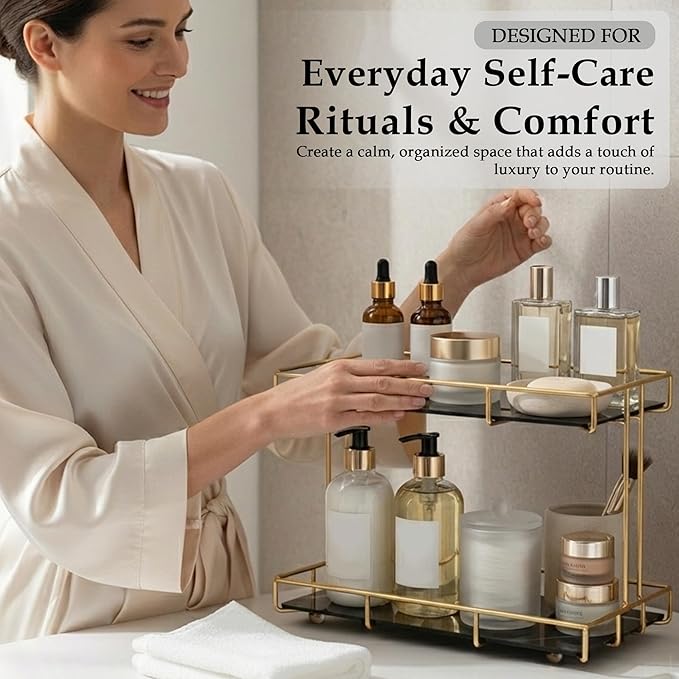 2-Tier Black Marble Bathroom Countertop Organizer – Glass Shelves & Gold Metal Frame, Stylish Vanity Storage Shelf for Perfume, Skincare, Makeup & Toiletries