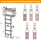 Towel Racks for Bathroom, 34IN Towel Rack Wall Mounted with 2 Pack Towel Shelf and a Wire Basket, Rolled Towel Holder Shelf Bathroom Storage and Organizer, Sturdy Metal & Wood, Black