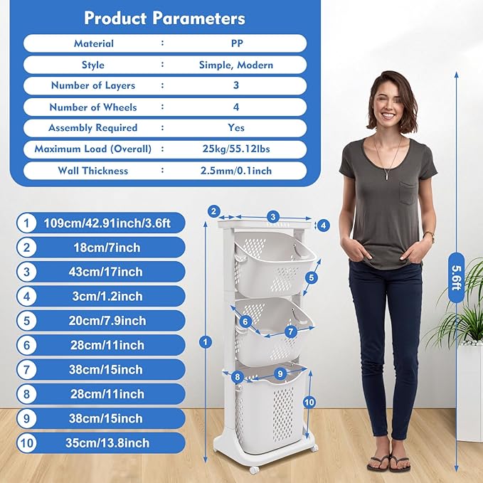 3 Tier Laundry Basket with Wheels, Laundry Basket Storage Rack Freestand Laundry Hamper Basket Sorter for Kitchens, Bathrooms, Bedrooms Clothes Storage Organizer, White