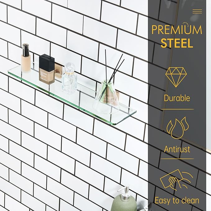 KOKOSIRI Tempered Glass Shelf 20-Inch Floating Wall Shelves Bathroom Rack Kitchen Shower Storage, 2 Pack Champagne Bronze Stainless Steel B1107CPG-L20-P2
