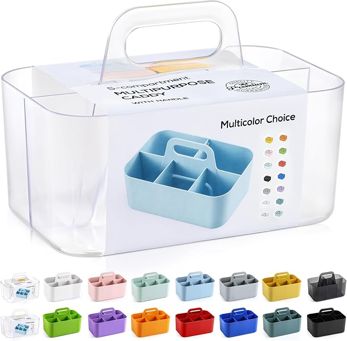 Multiuse Caddy Organizer with Handle - Stackable Plastic Bin - Divided Storage Tote Holder for Art Craft Supplies, Makeup, Bathroom, Shower, Cleaning, Kitchen, Office, Dorm, Desktop - Frosted Clear