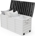 VINGLI 75 Gallon Outdoor Storage Box, Lockable Plastic Storage Containers with Lid, Patio Deck Box Furniture for Garden, Pool, Balcony, Yard (White)