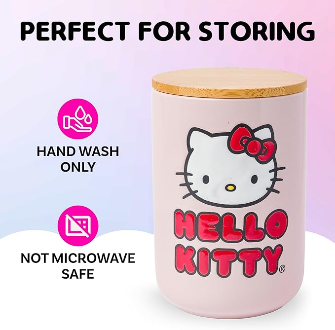 Silver Buffalo Sanrio Hello Kitty Wax Resist Ceramic Cookie Snack Jar Container with Airtight Bamboo Lid, Pink (Small)