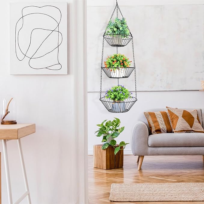 Maxdot 4 Pack 3-tier Hanging Fruit Basket Kitchen Hanging Wall Fruit Storage Organization Basket with Sturdy Metal Chain for Kitchen Bathroom Wardrobe Garden