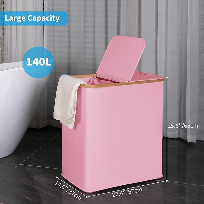 efluky Laundry Hamper with Lid, Double Laundry Hamper with 2 Removable Bags, 2 Section Laundry Basket with Bamboo Handles for Bathroom, Bedroom & Laundry Room (Pink, 140L Dual)