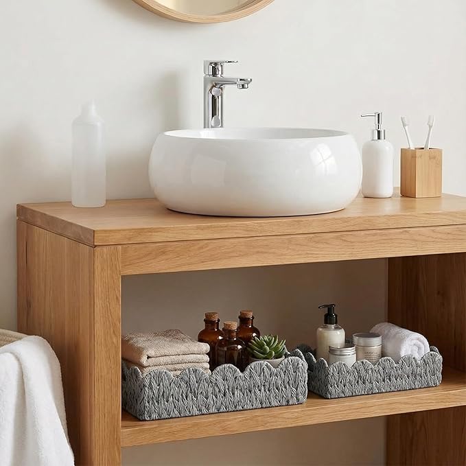 3Pack Toilet Paper Basket for Organizing Scalloped Edge Wicker Basket with Handles Toilet Tank Paper Holder Storage for Bathroom Bedroom Countertop Shelf Decor(Gray,Plastic)